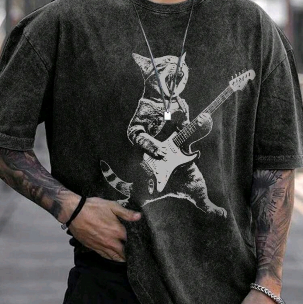 Mens Music Mineral Wash Charcoal Cat Guitar Rock Tshirt
